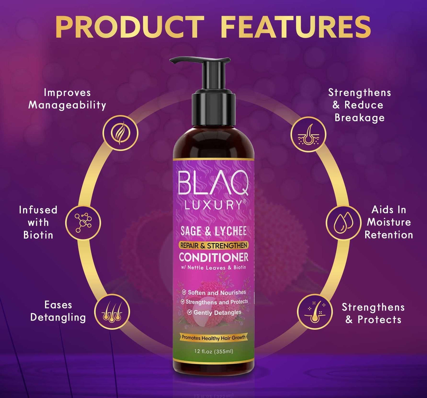 BLAQ & LUXURY - REPAIR & STRENGTH SHAMPOO with NETTLE LEAVES & BIOTIN - 12Oz